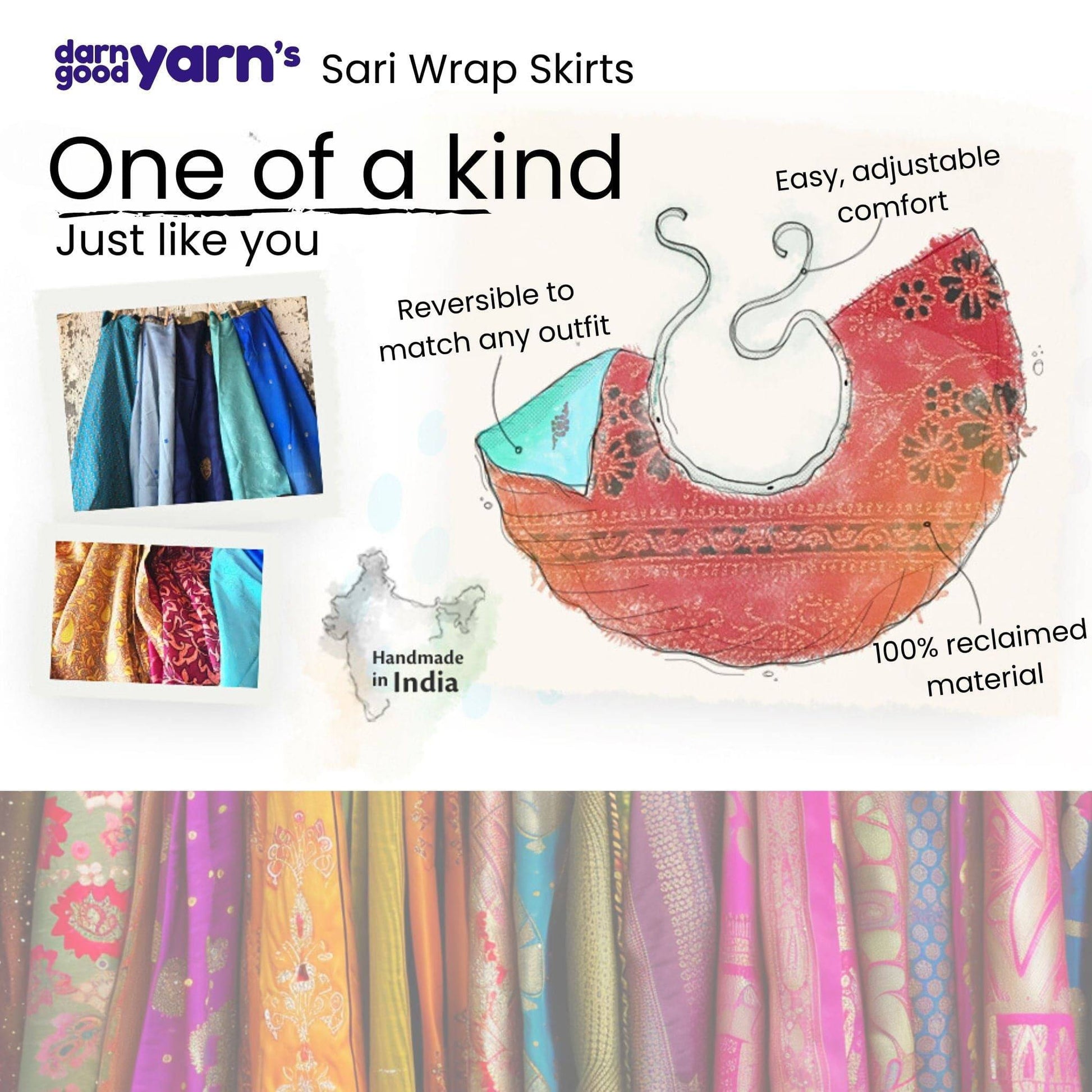 Darn Good Yarn The Original Sari Wrap Skirt in cool tones, showcasing its vibrant, flowing fabric and stylish wrap design.