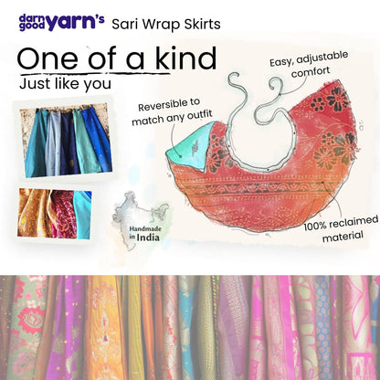 Darn Good Yarn The Original Sari Wrap Skirt in cool tones, showcasing its vibrant, flowing fabric and stylish wrap design.