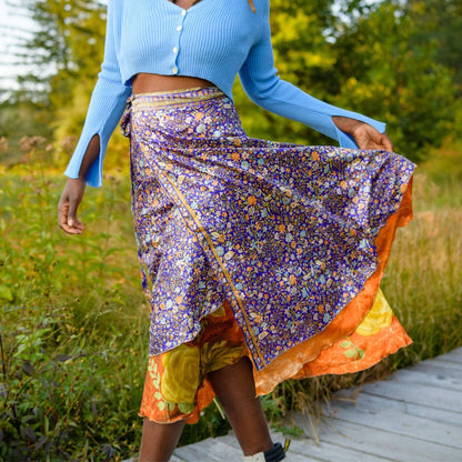 Darn Good Yarn The Original Sari Wrap Skirt in cool tones, showcasing vibrant fabric and flowing design for stylish clothing.