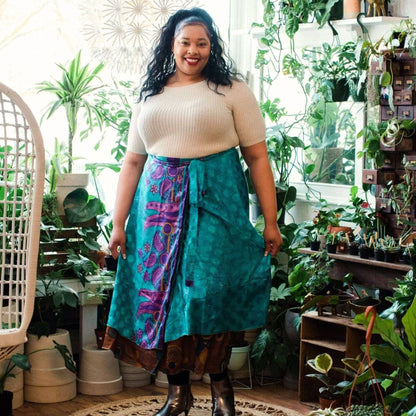 Darn Good Yarn The Original Sari Wrap Skirt in cool tones, showcasing vibrant, layered fabric wrap design for stylish ethnic wear.