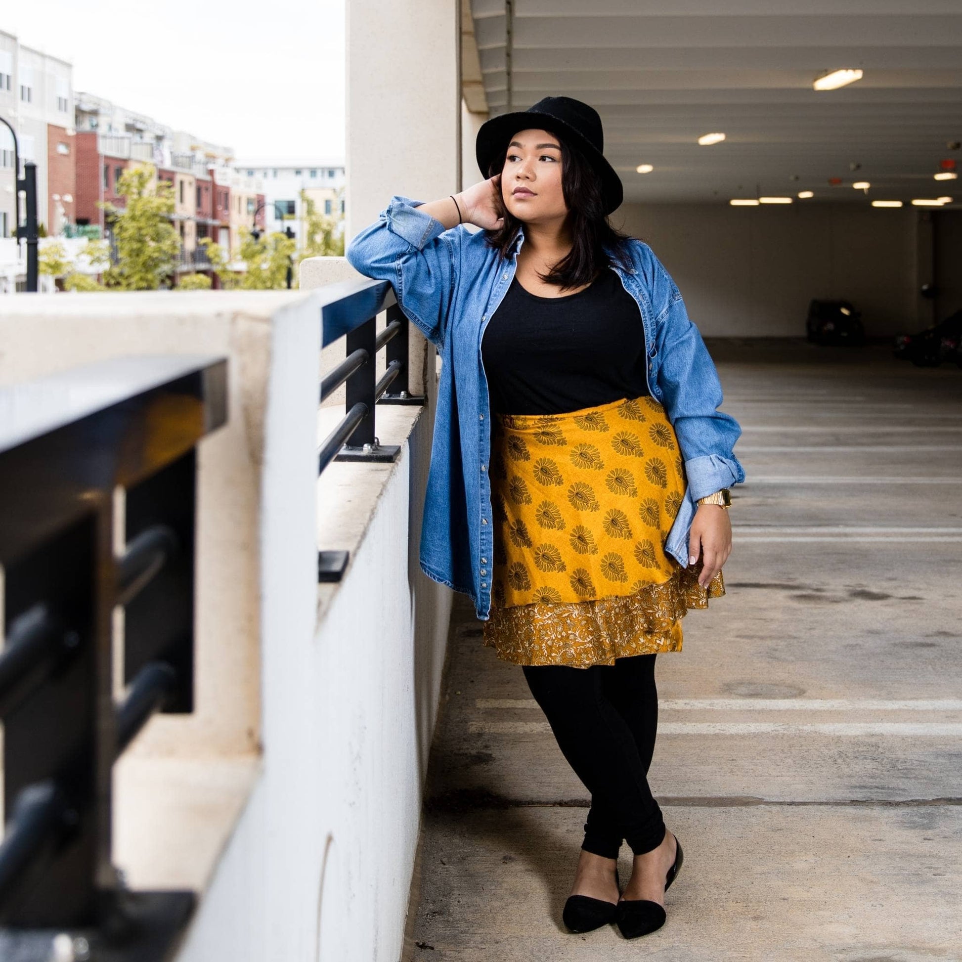 Darn Good Yarn The Original Sari Wrap Skirt in cool tones, showcasing a vibrant, flowing fabric design for boho-inspired fashion.