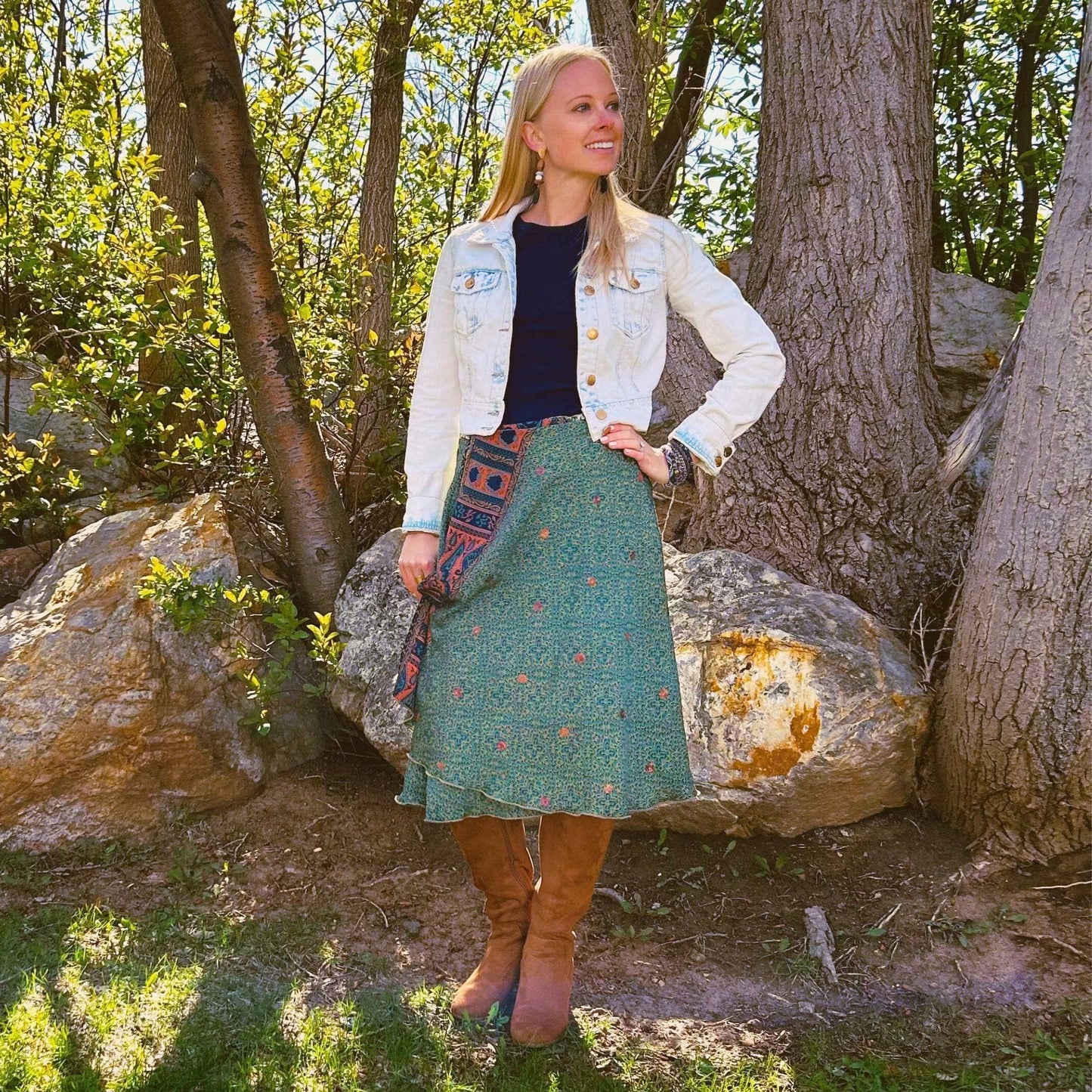 Darn Good Yarn Original Sari Wrap Skirt in cool tones, flowing maxi design, showcasing vibrant sari fabric and wrap style.