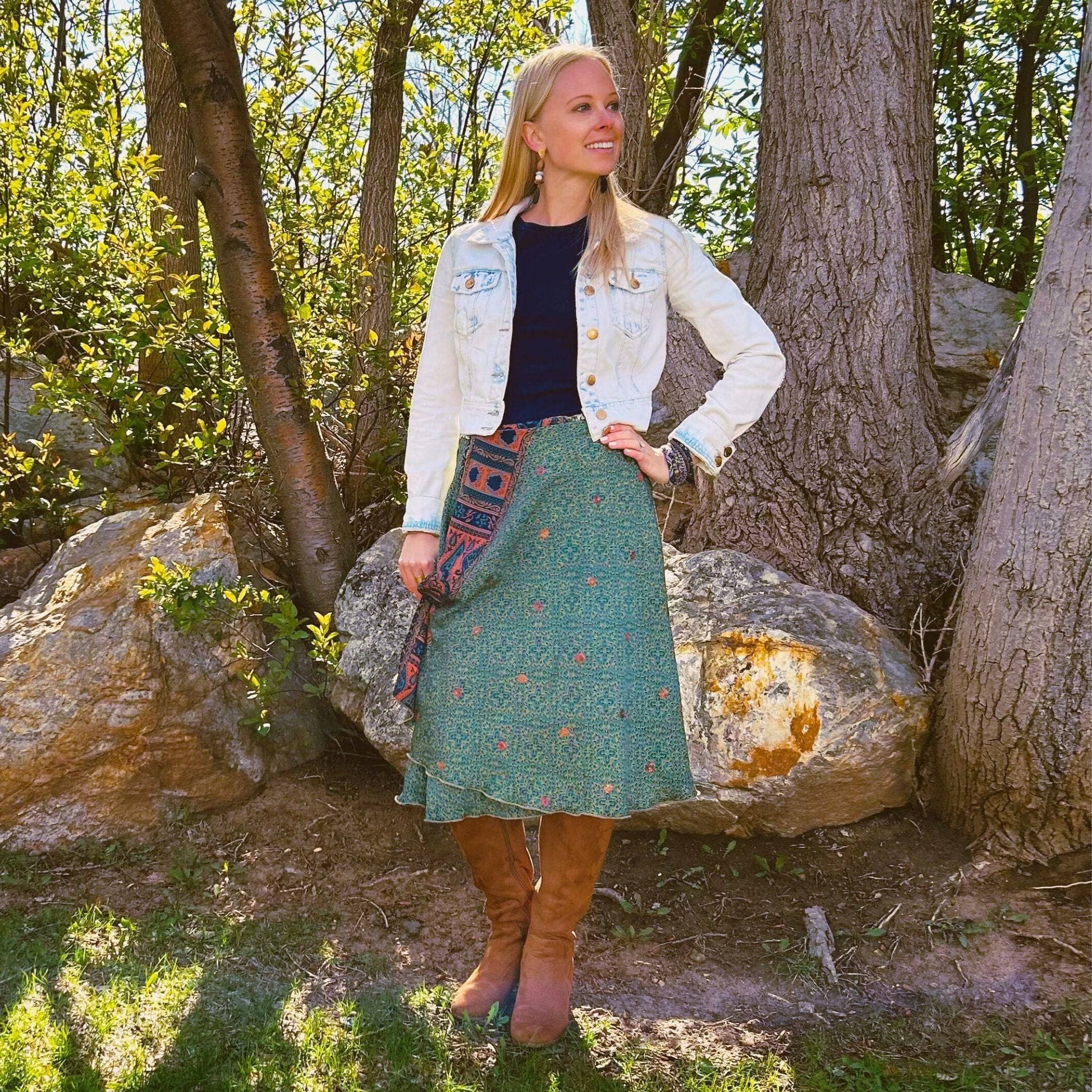 Darn Good Yarn Original Sari Wrap Skirt in cool tones, flowing maxi design, showcasing vibrant sari fabric and wrap style.