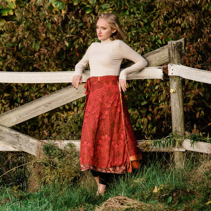 Darn Good Yarn The Original Sari Wrap Skirt in cool tones, lightweight clothing with colorful sari fabric, styled as a wrap skirt.