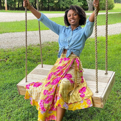 Darn Good Yarn The Original Sari Wrap Skirt in cool tones, flowing maxi style, showcasing vibrant sari fabric and versatile wrap design.