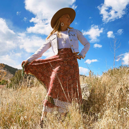 Darn Good Yarn The Original Sari Wrap Skirt in cool tones, showcasing its vibrant, flowing fabric and versatile wrap design.
