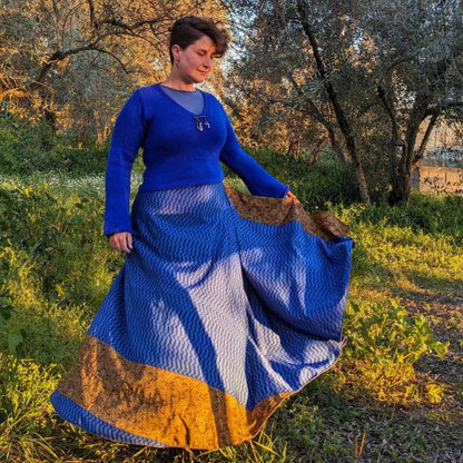 Darn Good Yarn Original Sari Wrap Skirt in cool-tones, flowing maxi style, made from vibrant sari fabric for boho-chic look.