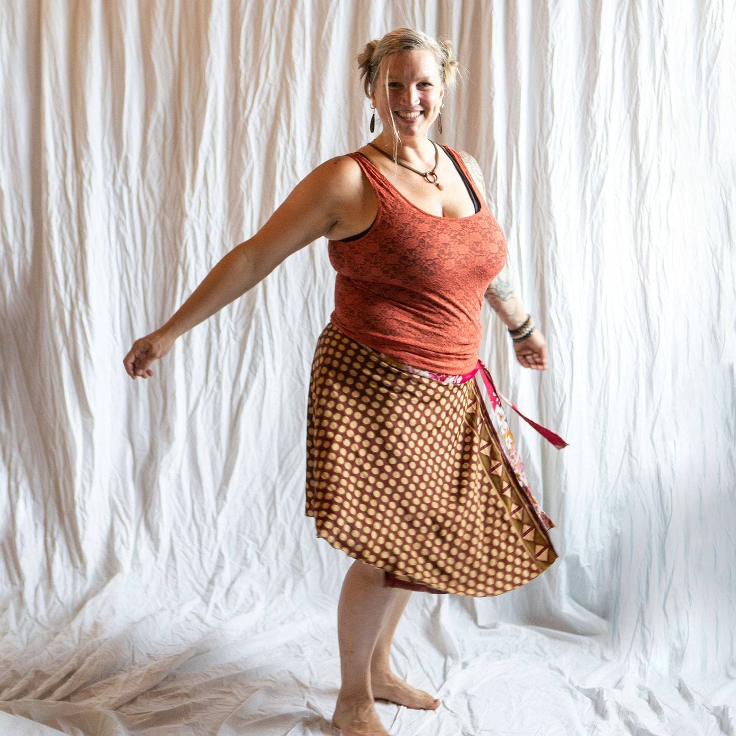 Darn Good Yarn The Original Sari Wrap Skirt in cool tones, featuring vibrant sari fabric and a flowing maxi style.