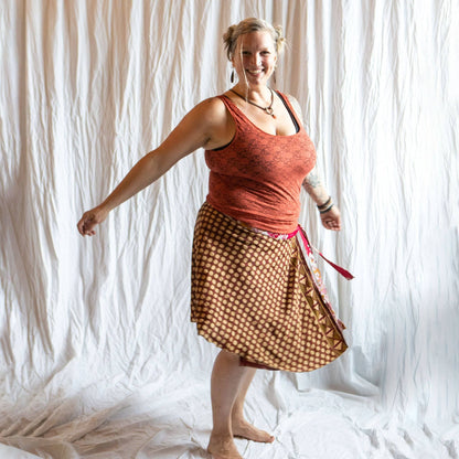 Darn Good Yarn The Original Sari Wrap Skirt in cool tones, featuring vibrant sari fabric and a flowing maxi style.