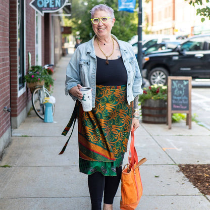 Darn Good Yarn Original Sari Wrap Skirt in cool tones, flowing maxi style, showcasing vibrant fabric and traditional wrap design.