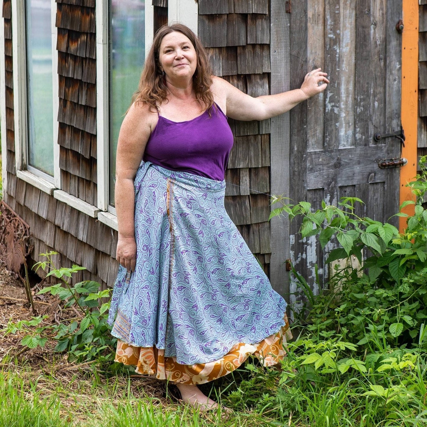 Darn Good Yarn The Original Sari Wrap Skirt in cool tones, flowing maxi skirt made from vibrant sari fabric, stylish and versatile clothing.