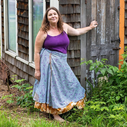 Darn Good Yarn The Original Sari Wrap Skirt in cool tones, flowing maxi skirt made from vibrant sari fabric, stylish and versatile clothing.