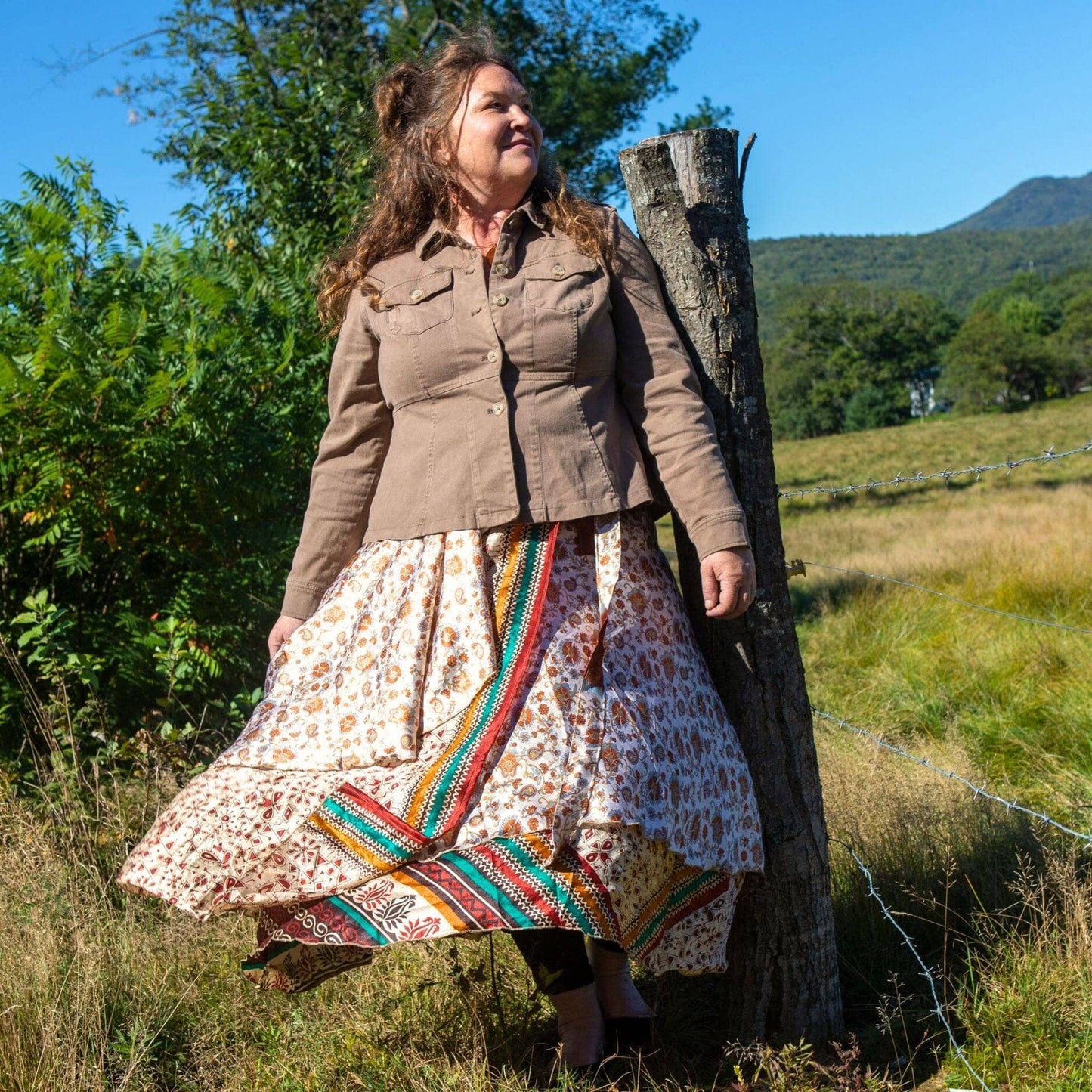 Darn Good Yarn The Original Sari Wrap Skirt in cool tones, flowing maxi style, vibrant fabric, and unique sari pattern.