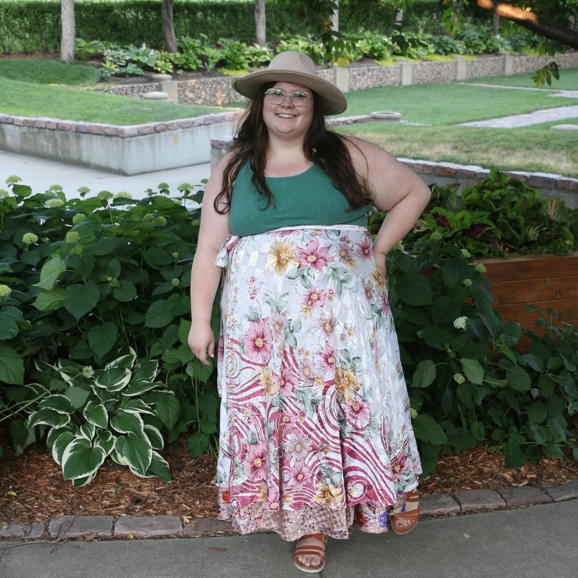 Darn Good Yarn The Original Sari Wrap Skirt in cool tones, showcasing a flowing, colorful sari fabric wrap skirt.