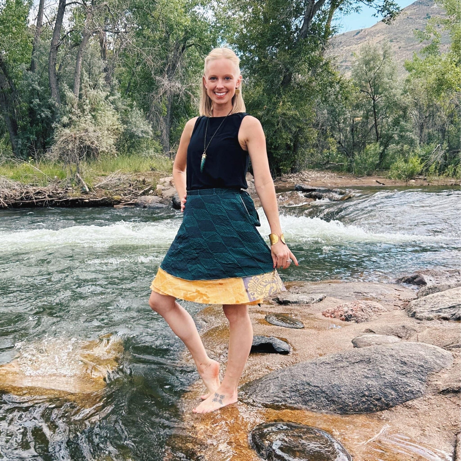 Darn Good Yarn The Original Sari Wrap Skirt in cool tones, flowing clothing accessory with vibrant sari fabric design.