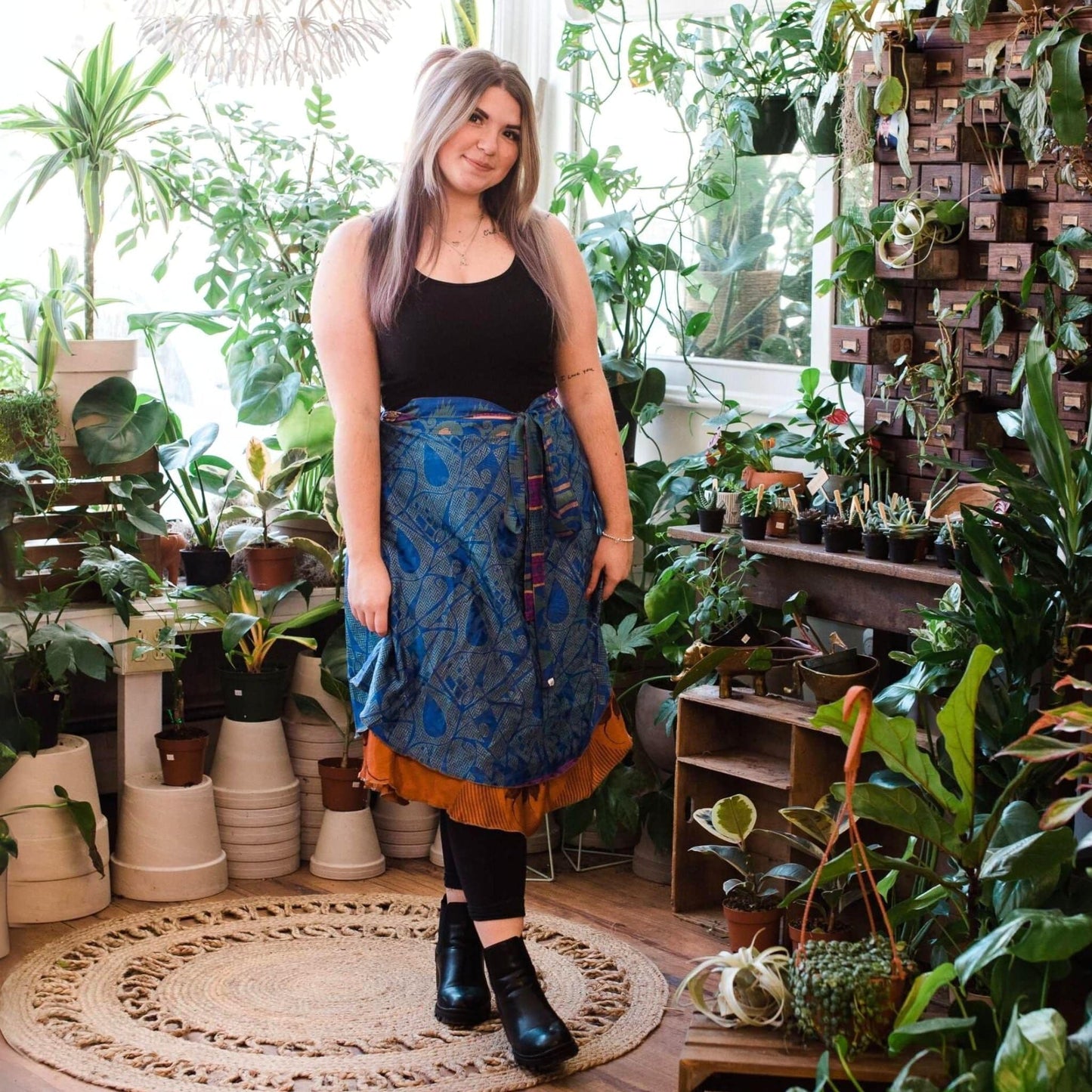 Darn Good Yarn The Original Sari Wrap Skirt in cool tones, flowing maxi style with vibrant sari fabric details.