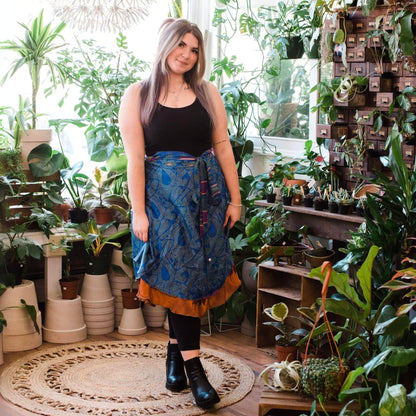 Darn Good Yarn The Original Sari Wrap Skirt in cool tones, flowing maxi style with vibrant sari fabric details.