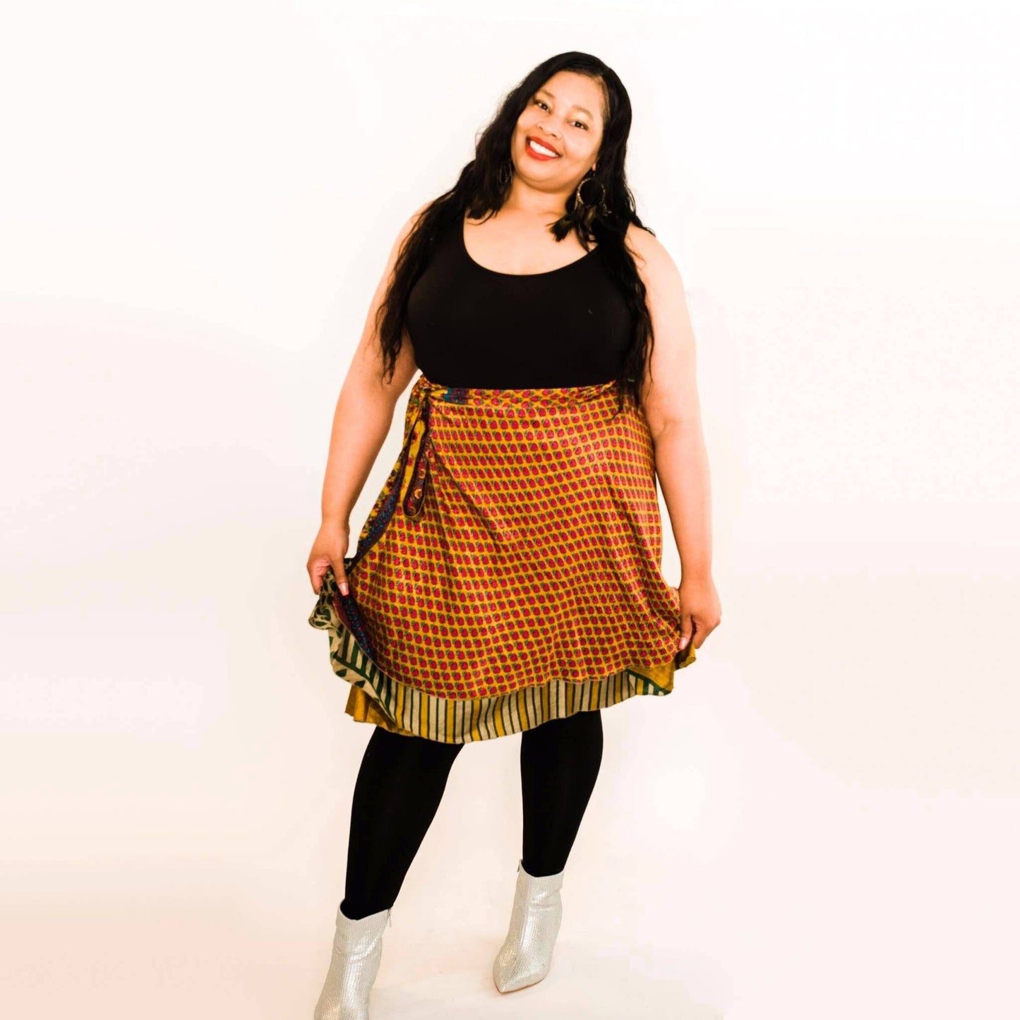 Darn Good Yarn The Original Sari Wrap Skirt in cool tones, flowy and stylish clothing accessory with vibrant sari fabric.