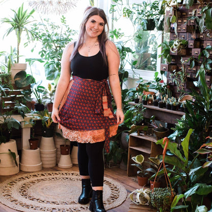 Darn Good Yarn The Original Sari Wrap Skirt in cool tones, flowing maxi skirt made from vibrant sari fabric for boho style.