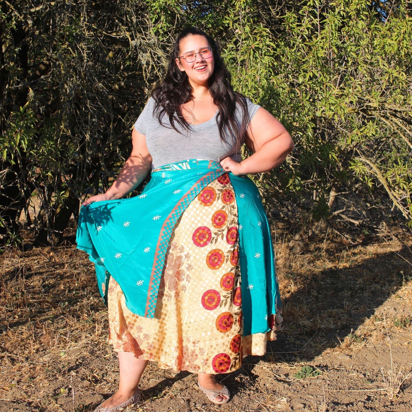 Darn Good Yarn The Original Sari Wrap Skirt in cool tones, flowing clothing with vibrant sari fabric, eco-friendly and stylish.