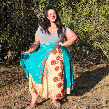 Darn Good Yarn The Original Sari Wrap Skirt in cool tones, flowing clothing with vibrant sari fabric, eco-friendly and stylish.