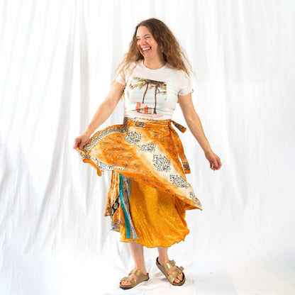 Darn Good Yarn The Original Sari Wrap Skirt in cool tones, flowing maxi style, handcrafted clothing and accessories.