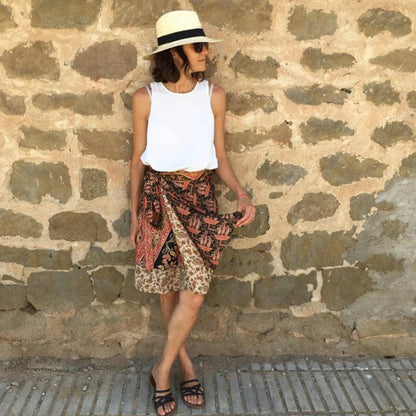 Darn Good Yarn Original Sari Wrap Skirt in cool tones, flowing maxi style, made from vibrant sari fabric, perfect for boho fashion.