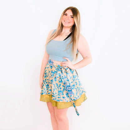 Darn Good Yarn The Original Sari Wrap Skirt in cool tones, flowing maxi skirt made from colorful sari fabric for a boho look.