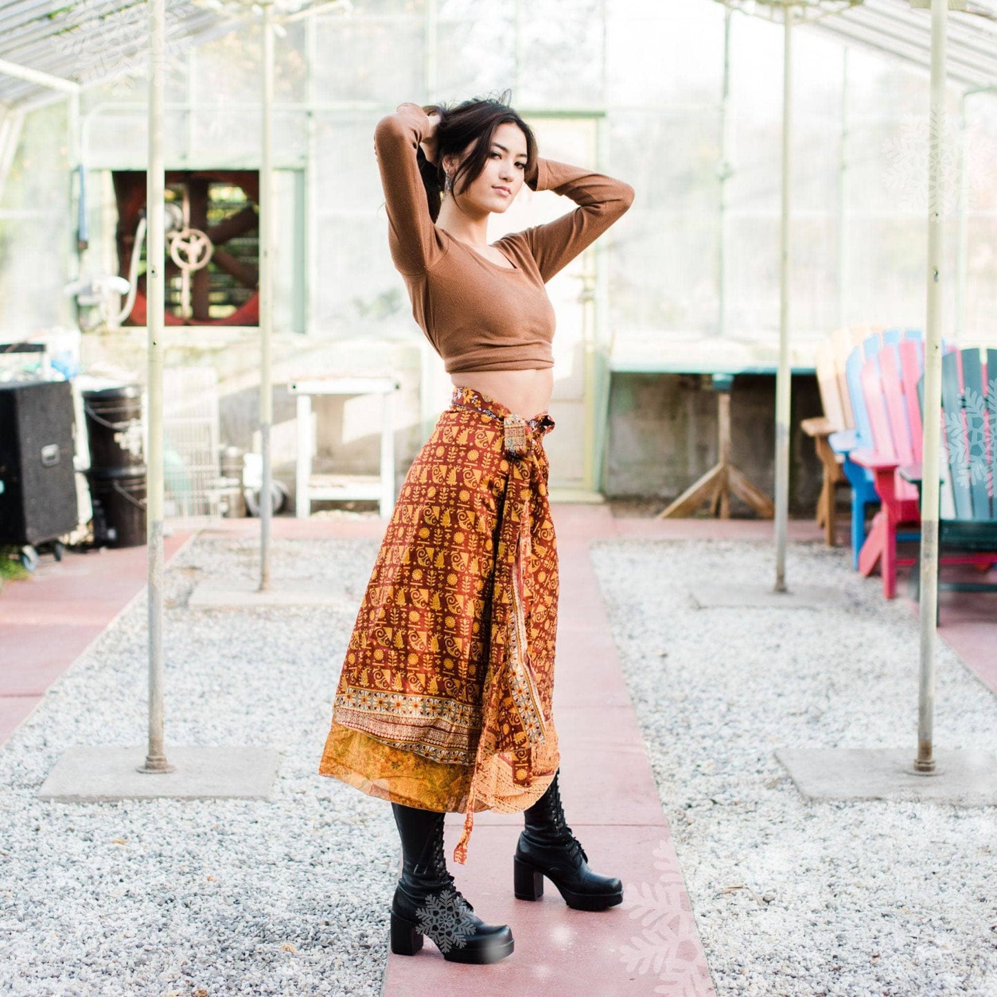 Darn Good Yarn The Original Sari Wrap Skirt in cool-tones, flowing clothing with intricate sari fabric pattern.