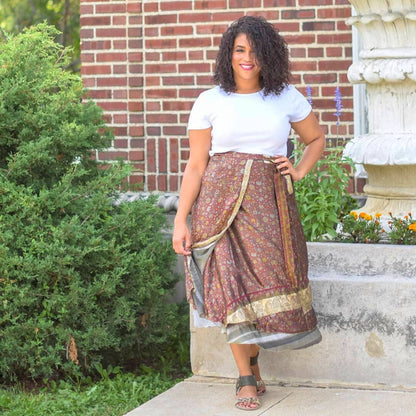 Darn Good Yarn Original Sari Wrap Skirt in cool tones, flowing maxi style, made from vibrant sari fabric, casual boho clothing.