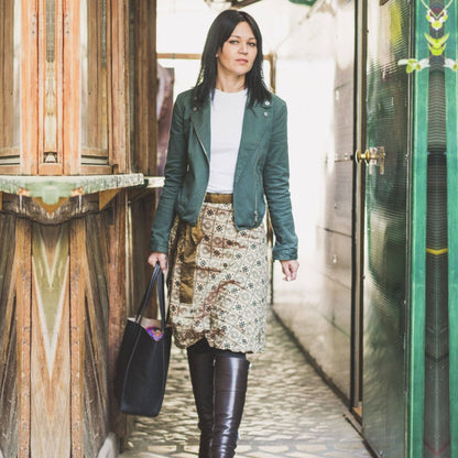 Darn Good Yarn The Original Sari Wrap Skirt in cool tones, showcasing vibrant fabric and stylish wrap design.
