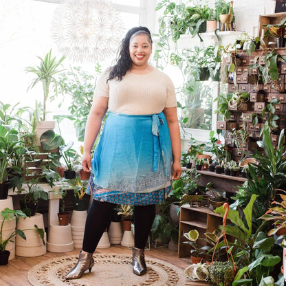 Darn Good Yarn The Original Sari Wrap Skirt in cool tones, featuring vibrant sari fabric and flowing maxi design for stylish wear.