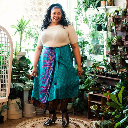 Darn Good Yarn The Original Sari Wrap Skirt in cool tones, flowing maxi style, casual boho clothing and accessories.