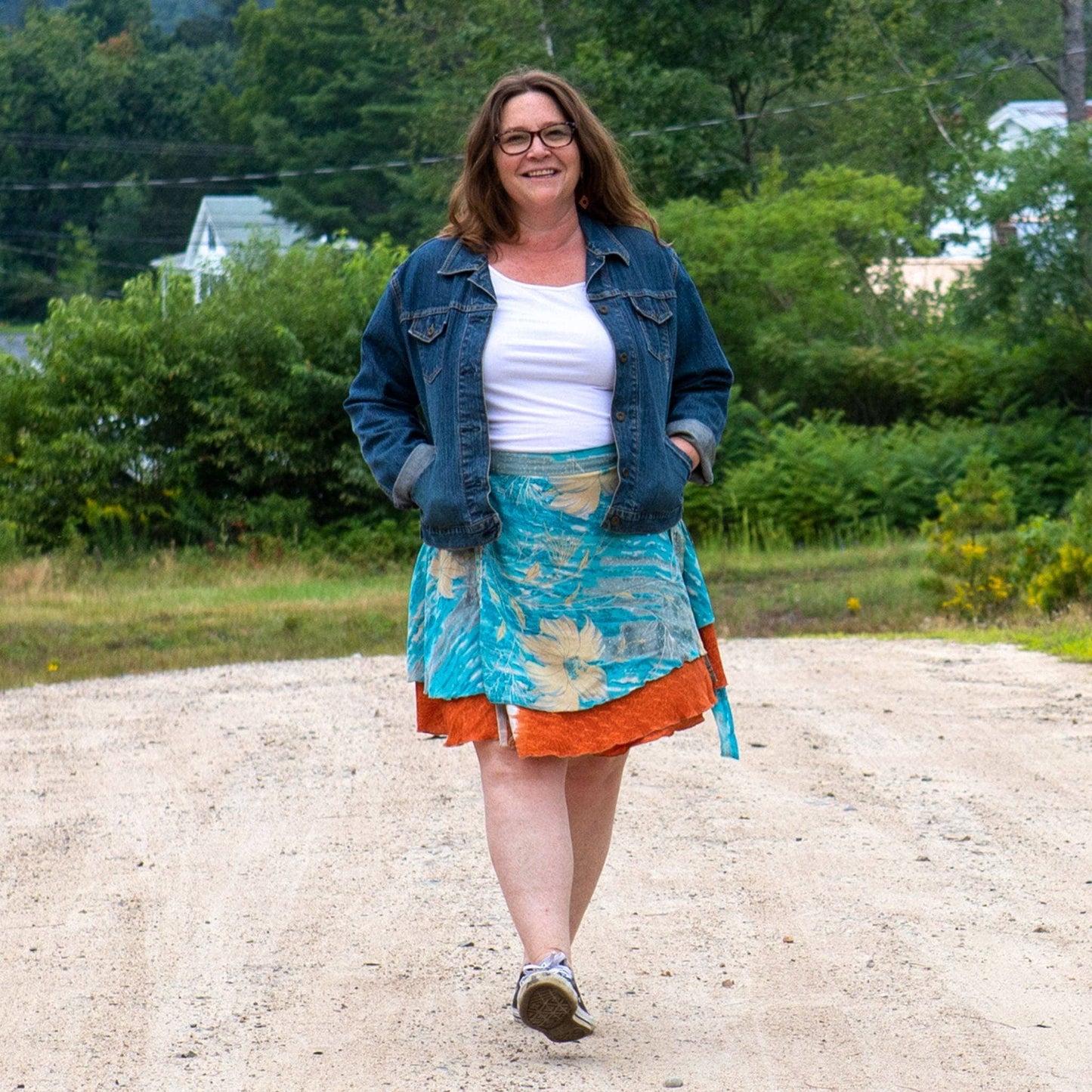 Darn Good Yarn The Original Sari Wrap Skirt in cool tones, flowing maxi style, made from colorful sari fabric.