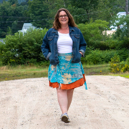 Darn Good Yarn The Original Sari Wrap Skirt in cool tones, flowing maxi style, made from colorful sari fabric.