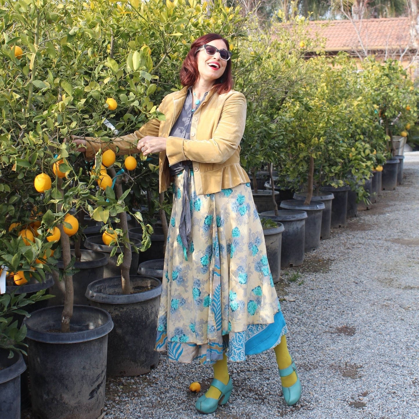 Darn Good Yarn The Original Sari Wrap Skirt in cool tones, showcasing a colorful, flowing sari-inspired wrap design.