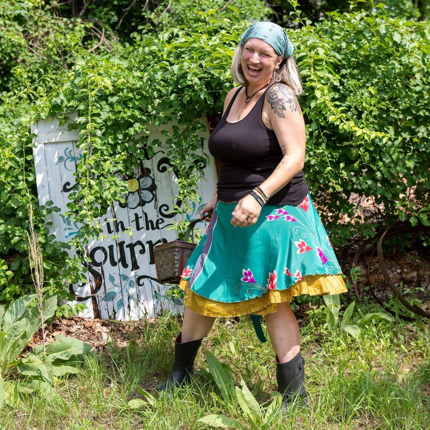 Darn Good Yarn The Original Sari Wrap Skirt in cool-tones, vibrant fabric with draped, wrap-around design, styled for casual wear.