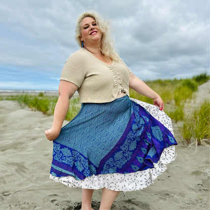 Darn Good Yarn The Original Sari Wrap Skirt in cool tones, showcasing its vibrant, flowing fabric and stylish wrap design.