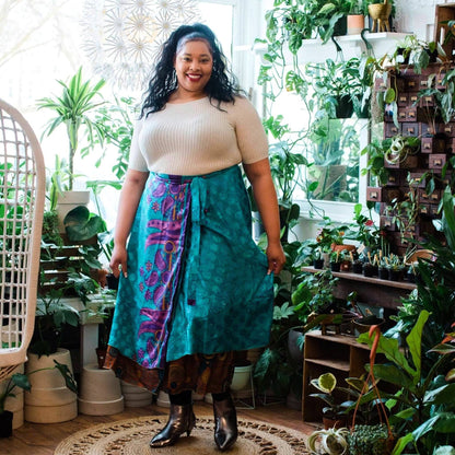 Darn Good Yarn Sari Wrap Skirt in cool tones, flowing maxi style, showcasing vibrant fabric and traditional wrap design.