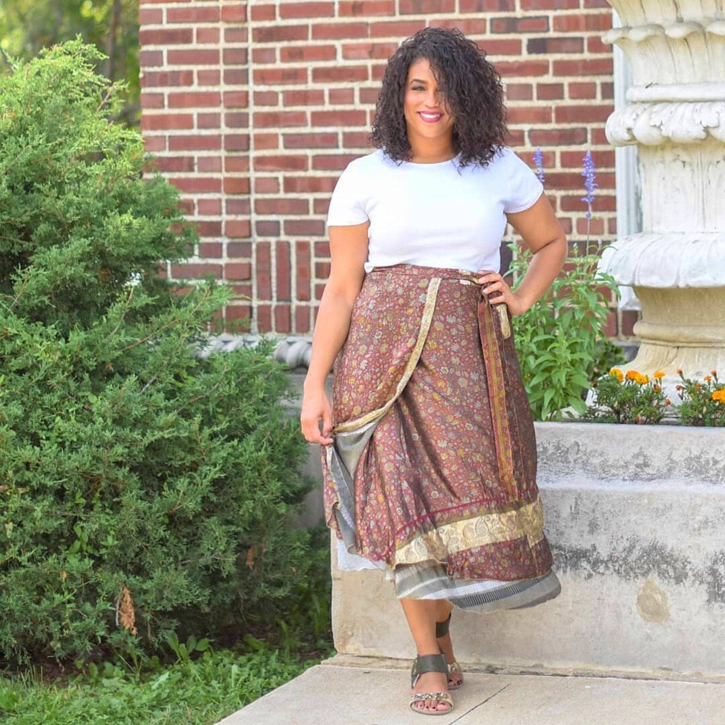 Darn Good Yarn Original Sari Wrap Skirt in cool tones, styled as a flowing maxi clothing and accessories item.