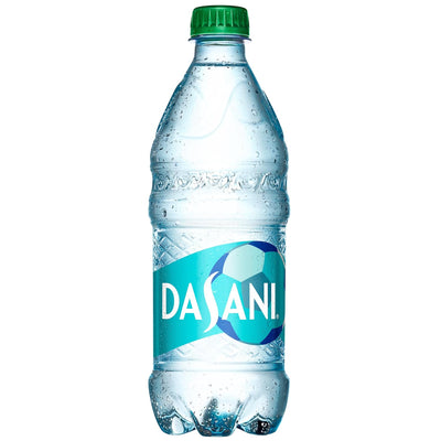 Dasani bottled purified water with minerals, 16.9 fl oz, pack of 24, clear plastic bottles with blue caps.