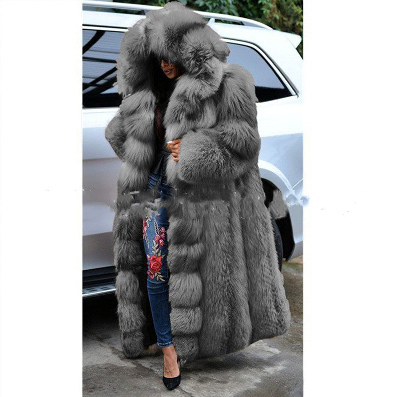 Women's long hooded faux fur coat in a soft, plush design