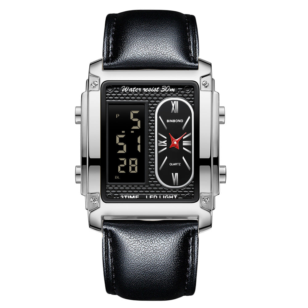 Men's creative steel belt electronic watch with double inserts, multifunctional display, and waterproof design