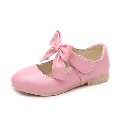 White leather girls' shoes with bowknot detail, children's princess shoes
