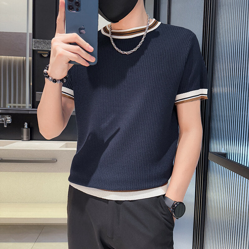 Men's ice-silk color-block knit top by My Store, featuring a soft textured knit design and contrasting colors