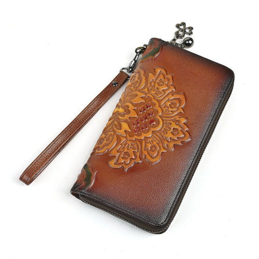 Hand-painted genuine leather long wallet with zipper closure and printed clutch handbag design