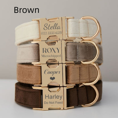 Multiple colour velvet personalised dog collar and leash set with bow, shown in assorted colour options