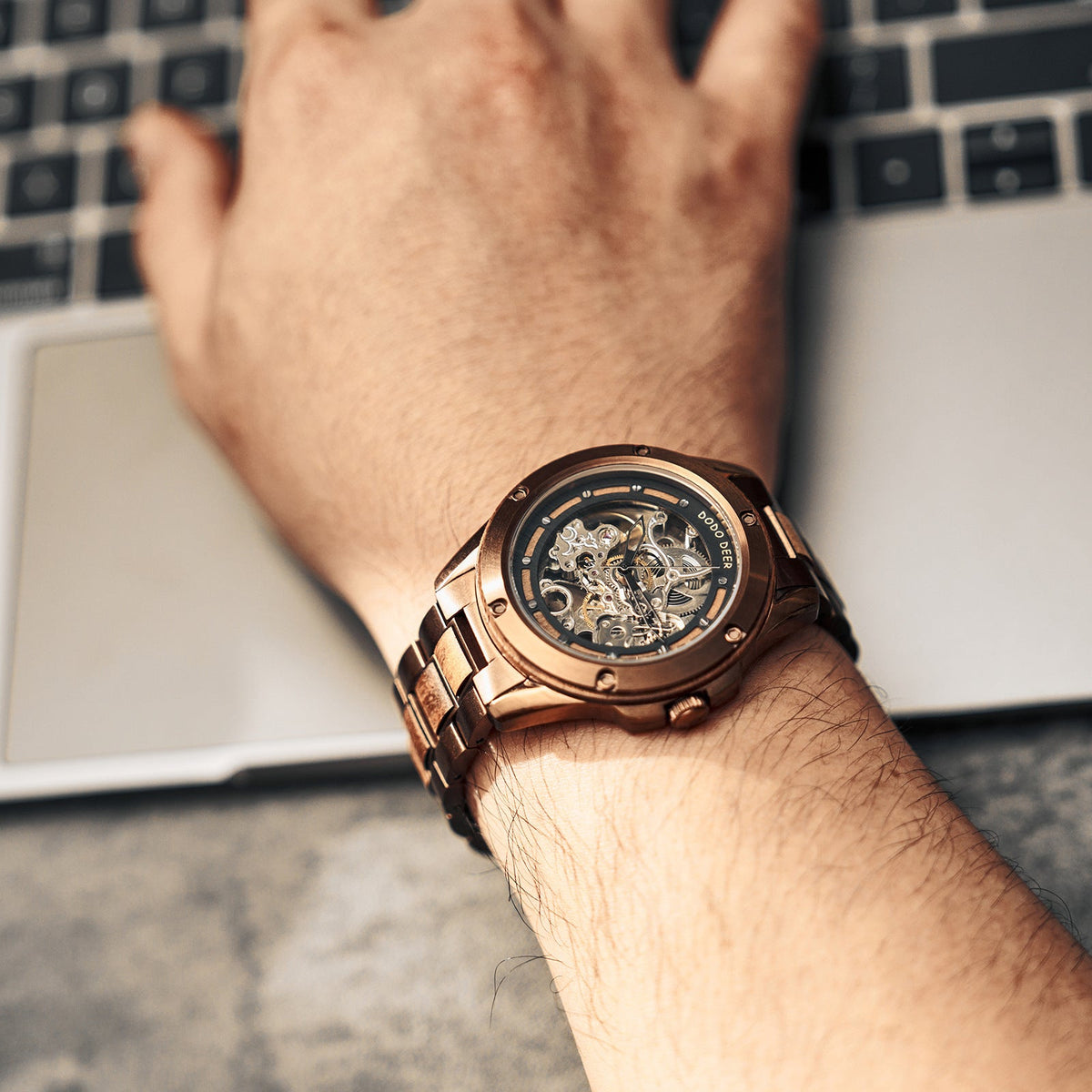 Openwork mechanical wooden watch for men with visible gears and natural wood case