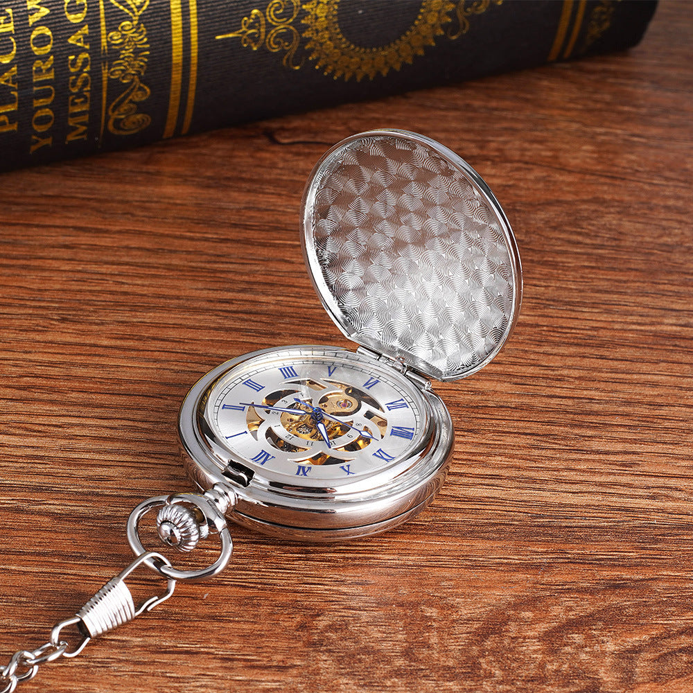Silver large double-hinged mechanical pocket watch with visible chain loop and classic round case