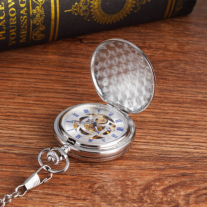 Silver large double-hinged mechanical pocket watch with visible chain loop and classic round case